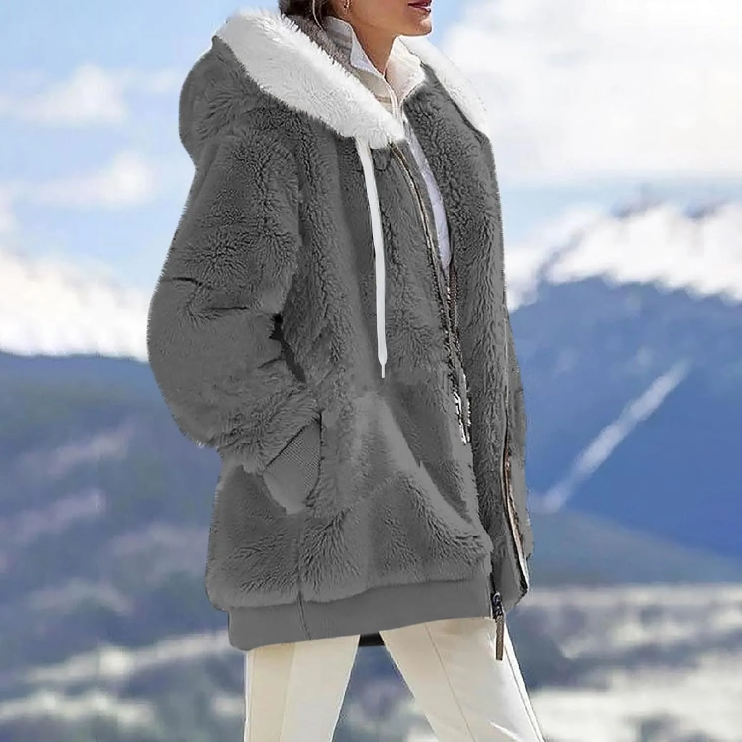 Plus Size Winter Jacket Women Warm Long Sleeve Parka Faux Fur Coat Overcoat Fluffy Jacket