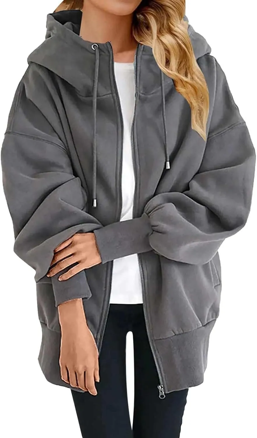 Plus Size Zip Up Hoodie Sweatshirts for Women Fall Trendy Athletic Jacket with Pocket Comfy Loose Solid Color Y2K Top