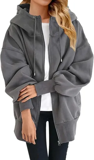 Plus Size Zip Up Hoodie Sweatshirts for Women Fall Trendy Athletic Jacket with Pocket Comfy Loose Solid Color Y2K Top
