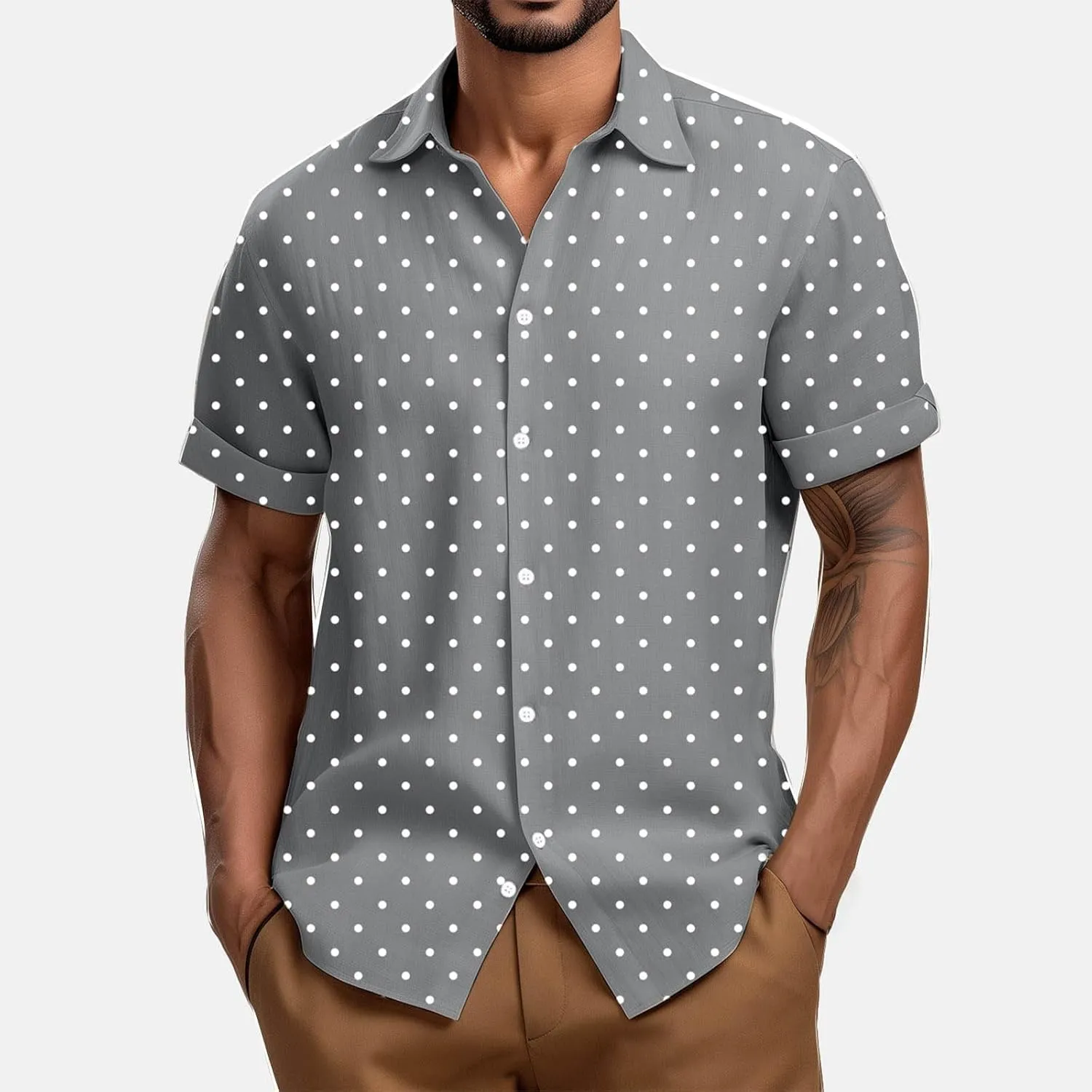 Polka Dot Shirts for Men Roll Up Short Sleeve Cotton Linen Button Down Shirt Casual Stylish Summer Hawaiian Beach Top