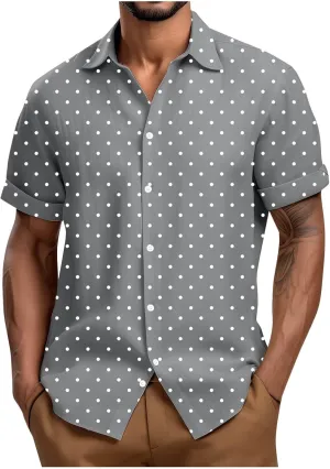 Polka Dot Shirts for Men Roll Up Short Sleeve Cotton Linen Button Down Shirt Casual Stylish Summer Hawaiian Beach Top