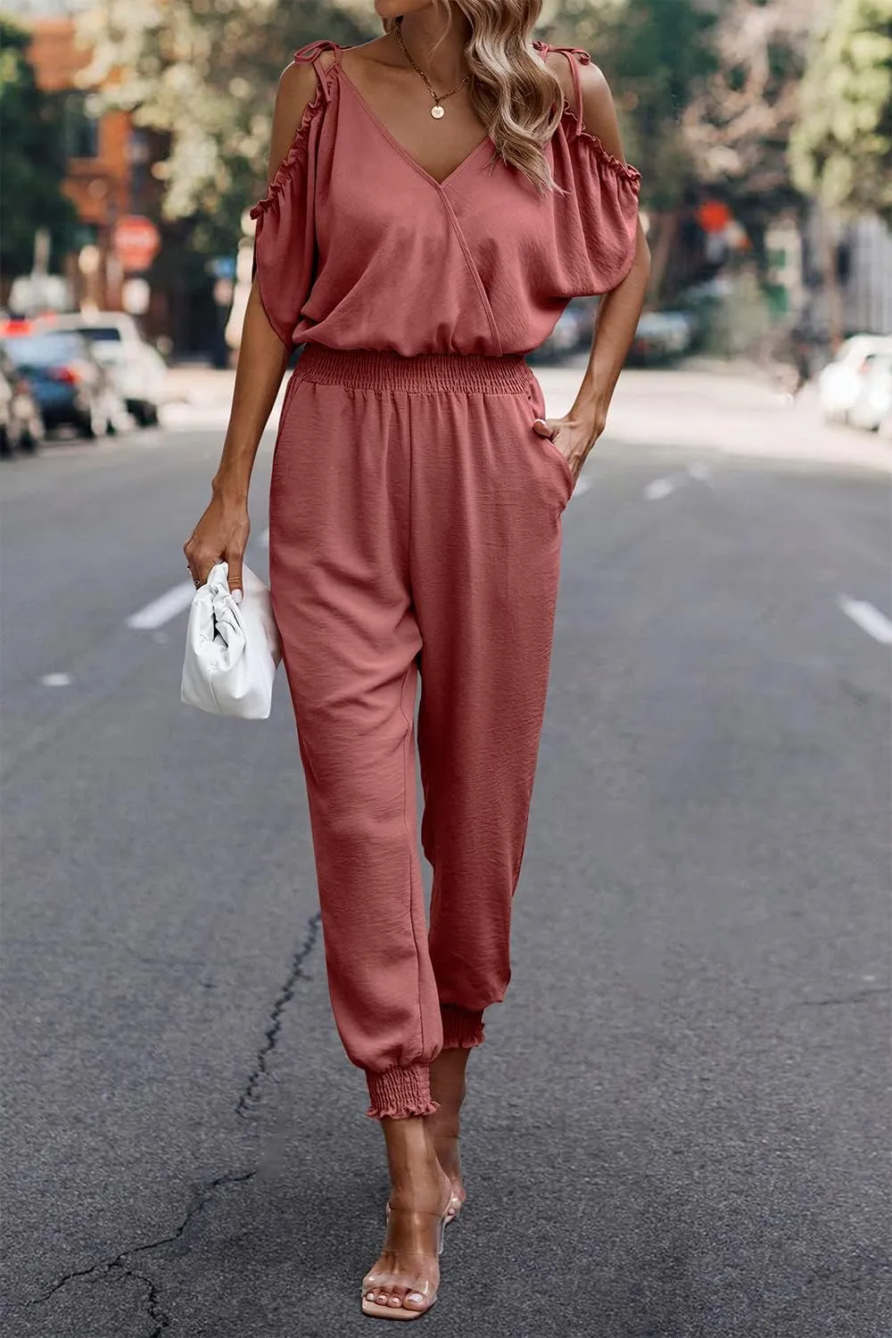 PRETTYGARDEN Jumpsuit for Women Casual Wrap V Neck Cold Shoulder One Piece Outfits Pants Romper