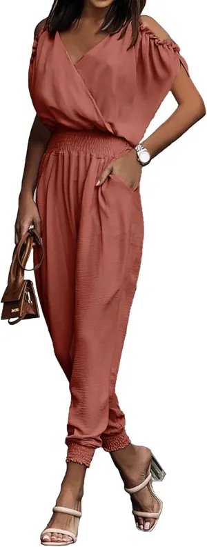 PRETTYGARDEN Jumpsuit for Women Casual Wrap V Neck Cold Shoulder One Piece Outfits Pants Romper