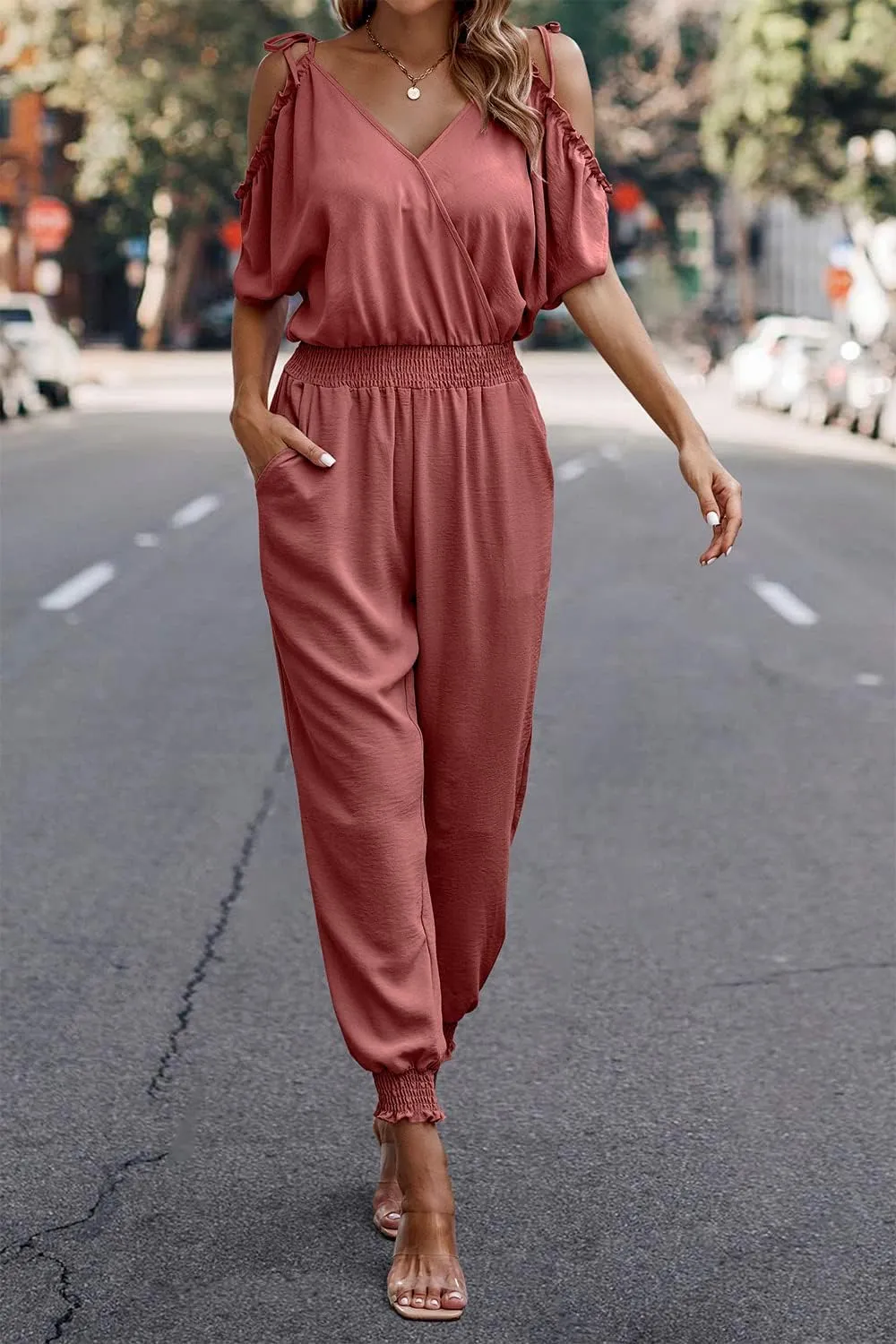 PRETTYGARDEN Jumpsuit for Women Casual Wrap V Neck Cold Shoulder One Piece Outfits Pants Romper