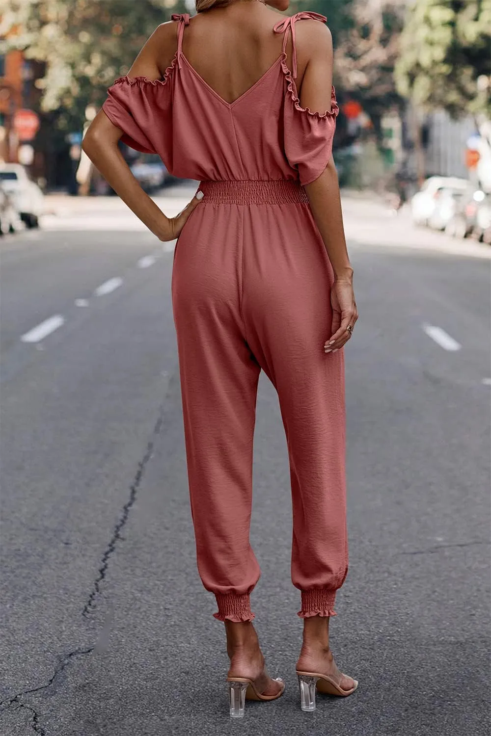 PRETTYGARDEN Jumpsuit for Women Casual Wrap V Neck Cold Shoulder One Piece Outfits Pants Romper