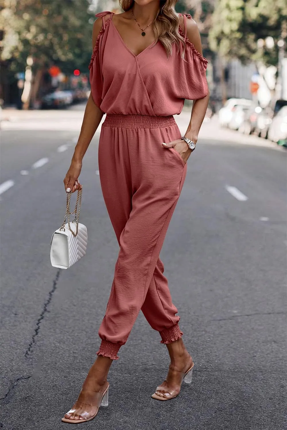 PRETTYGARDEN Jumpsuit for Women Casual Wrap V Neck Cold Shoulder One Piece Outfits Pants Romper