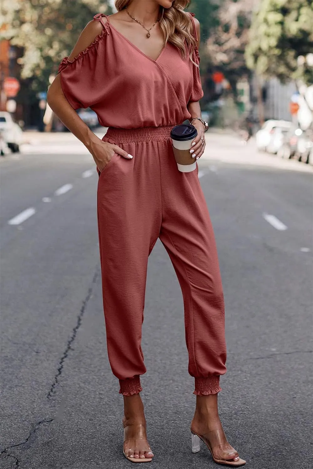 PRETTYGARDEN Jumpsuit for Women Casual Wrap V Neck Cold Shoulder One Piece Outfits Pants Romper