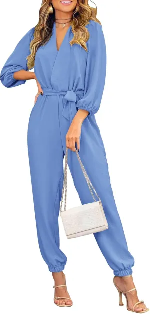 PRETTYGARDEN Women's Fall Jumpsuits Dressy Casual Pants Romper Spring Long Sleeve V Neck Belt Pockets One Piece Outfits
