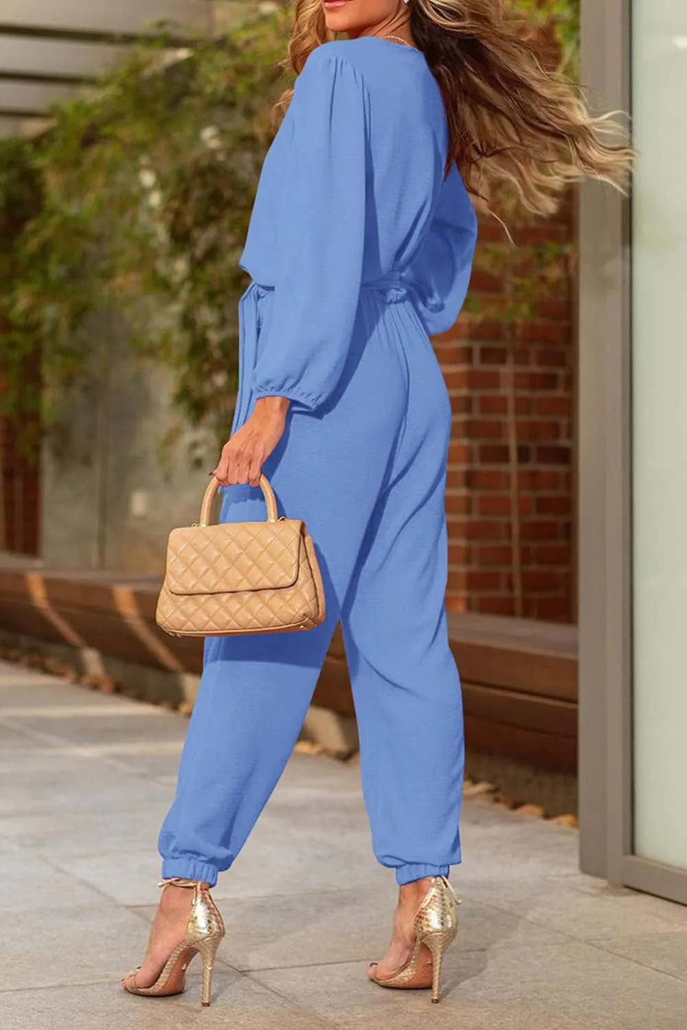 PRETTYGARDEN Women's Fall Jumpsuits Dressy Casual Pants Romper Spring Long Sleeve V Neck Belt Pockets One Piece Outfits