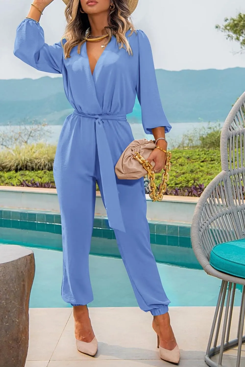 PRETTYGARDEN Women's Fall Jumpsuits Dressy Casual Pants Romper Spring Long Sleeve V Neck Belt Pockets One Piece Outfits