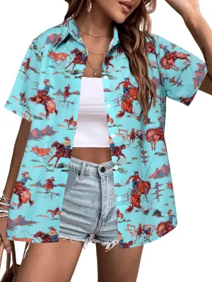 QLIPIN Western Button Up Shirts Women: Retro Cowgirl Shirt Rodeo Tops Hawaiian Summer Vacation Short Sleeve Top Blouses