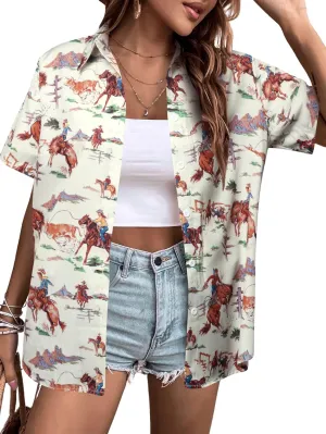 QLIPIN Western Button Up Shirts Women: Retro Cowgirl Shirt Rodeo Tops Hawaiian Summer Vacation Short Sleeve Top Blouses