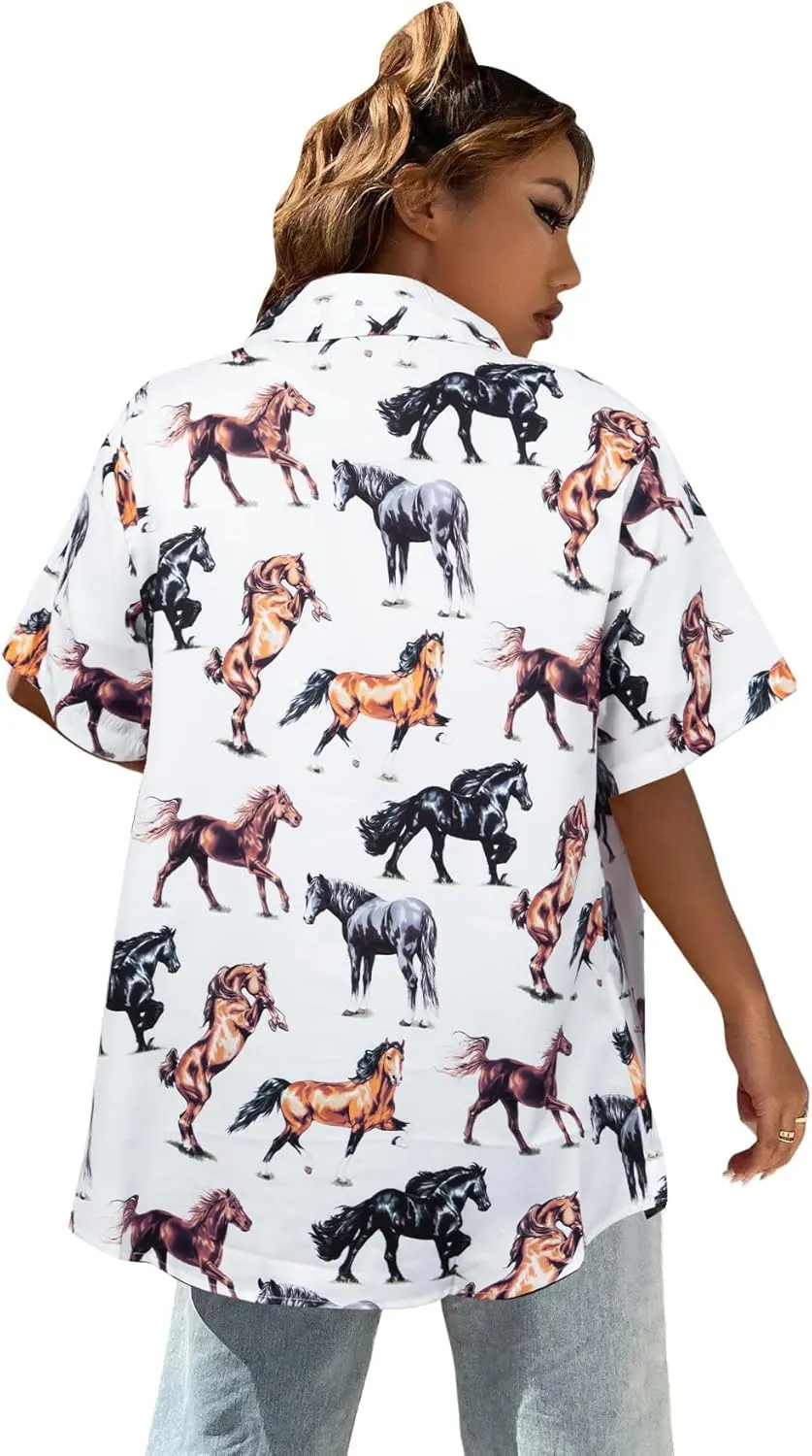 QLIPIN Western Button Up Shirts Women: Retro Cowgirl Shirt Rodeo Tops Hawaiian Summer Vacation Short Sleeve Top Blouses