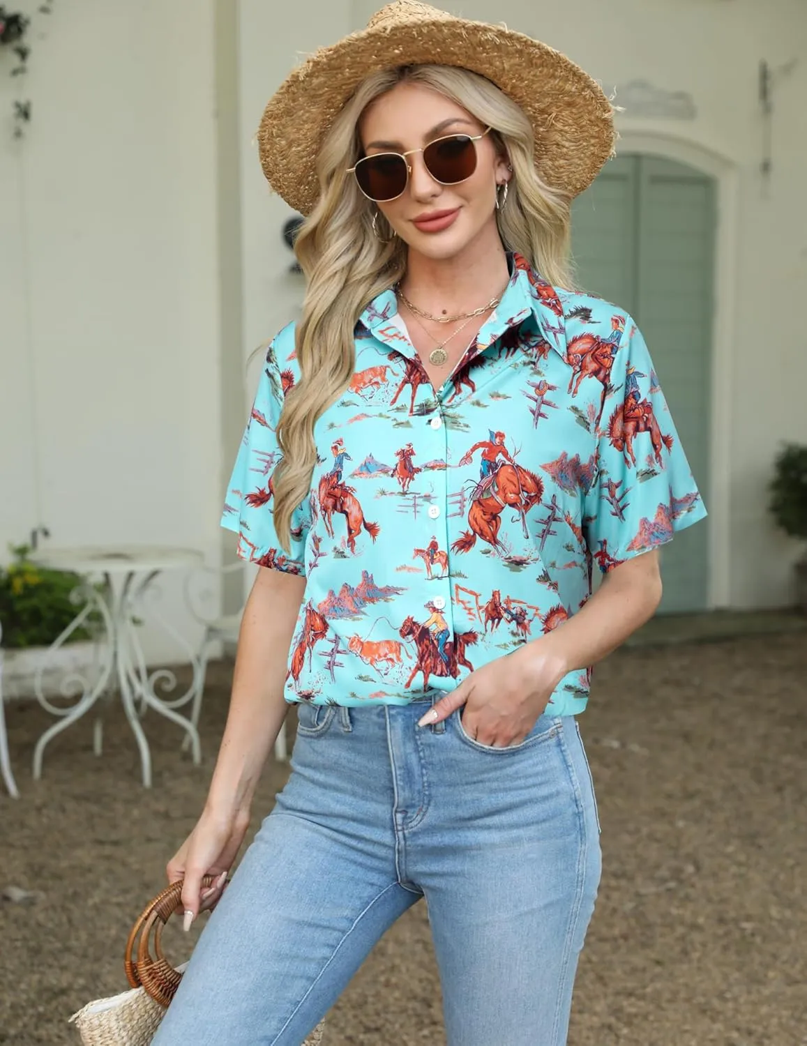 QLIPIN Western Button Up Shirts Women: Retro Cowgirl Shirt Rodeo Tops Hawaiian Summer Vacation Short Sleeve Top Blouses