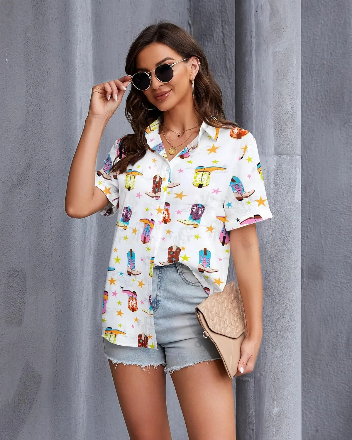 QLIPIN Western Button Up Shirts Women: Retro Cowgirl Shirt Rodeo Tops Hawaiian Summer Vacation Short Sleeve Top Blouses