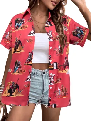 QLIPIN Western Button Up Shirts Women: Retro Cowgirl Shirt Rodeo Tops Hawaiian Summer Vacation Short Sleeve Top Blouses