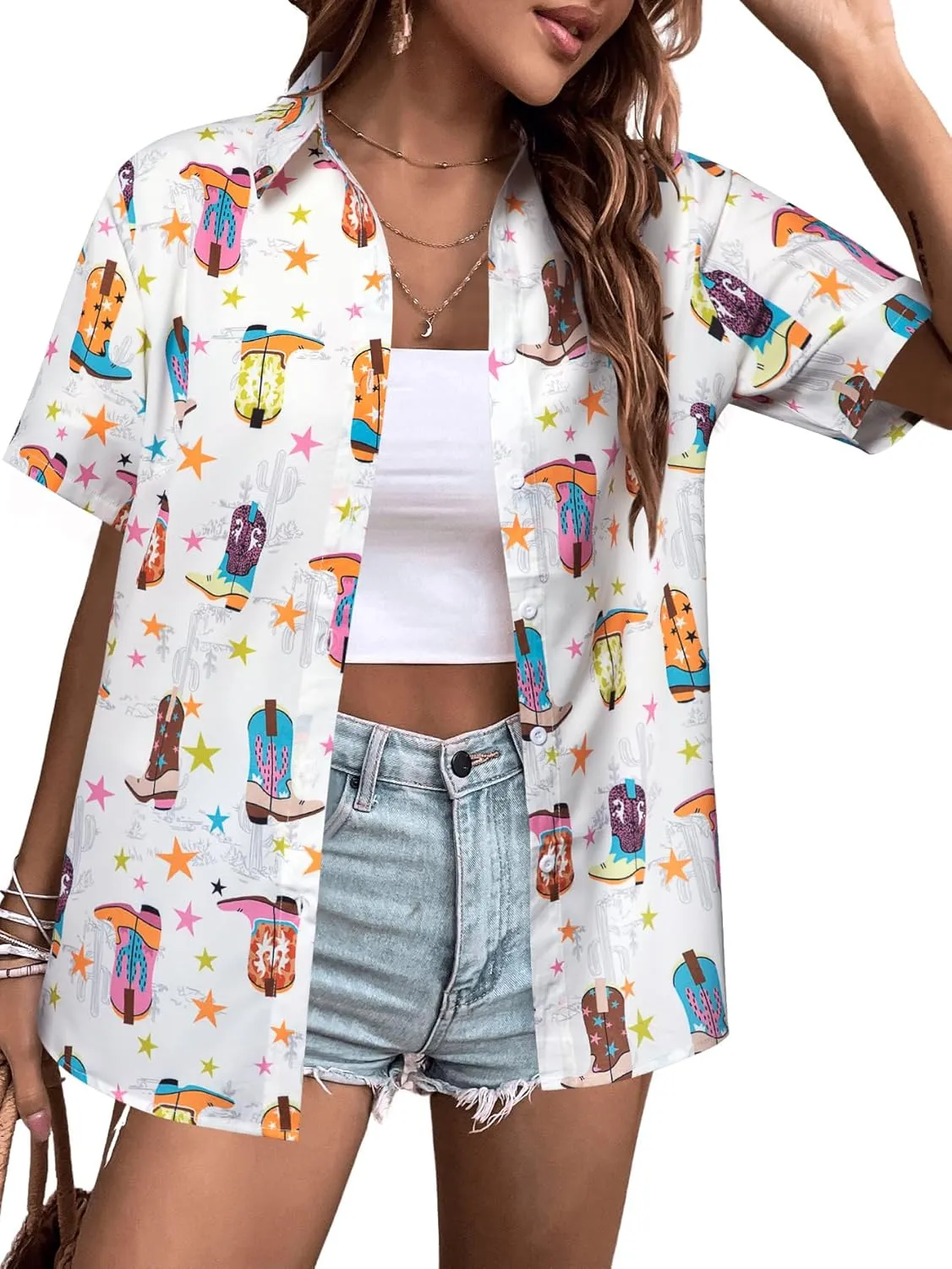 QLIPIN Western Button Up Shirts Women: Retro Cowgirl Shirt Rodeo Tops Hawaiian Summer Vacation Short Sleeve Top Blouses