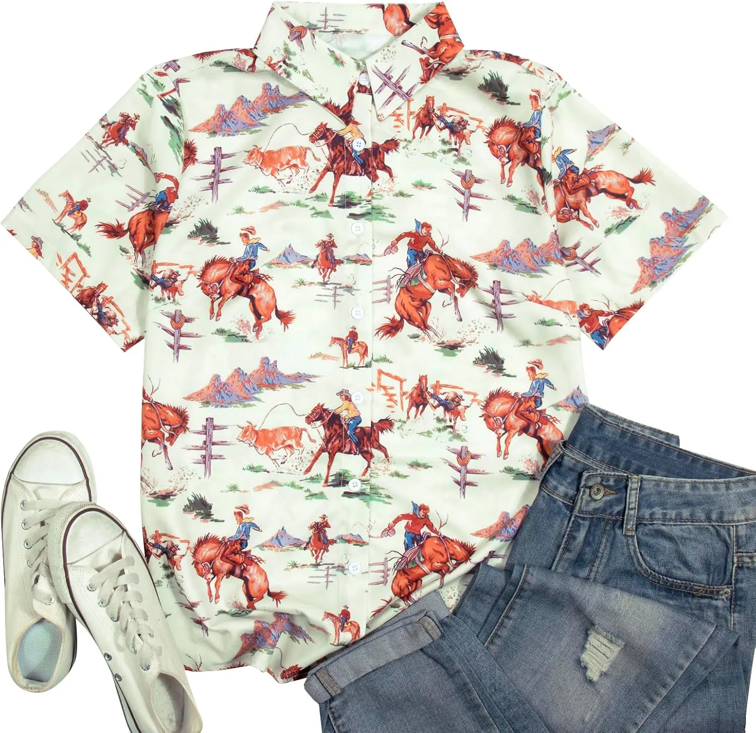 QLIPIN Western Button Up Shirts Women: Retro Cowgirl Shirt Rodeo Tops Hawaiian Summer Vacation Short Sleeve Top Blouses