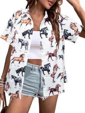 QLIPIN Western Button Up Shirts Women: Retro Cowgirl Shirt Rodeo Tops Hawaiian Summer Vacation Short Sleeve Top Blouses