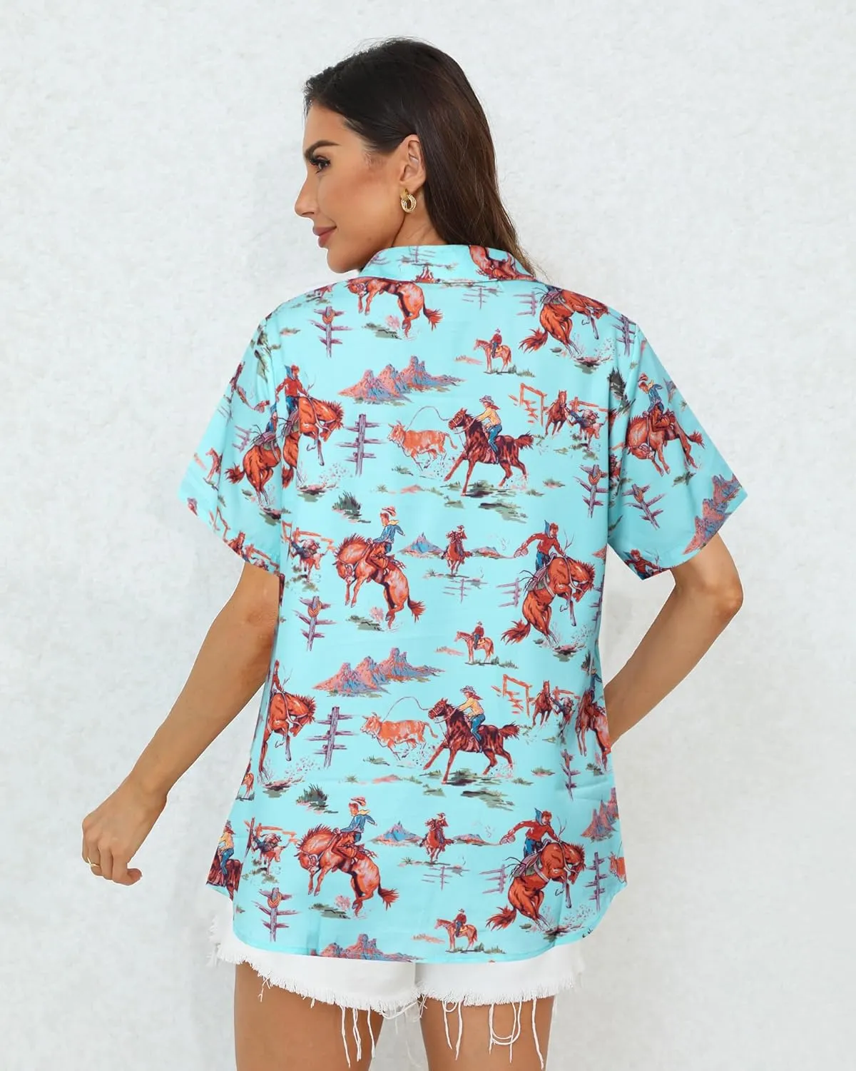 QLIPIN Western Button Up Shirts Women: Retro Cowgirl Shirt Rodeo Tops Hawaiian Summer Vacation Short Sleeve Top Blouses