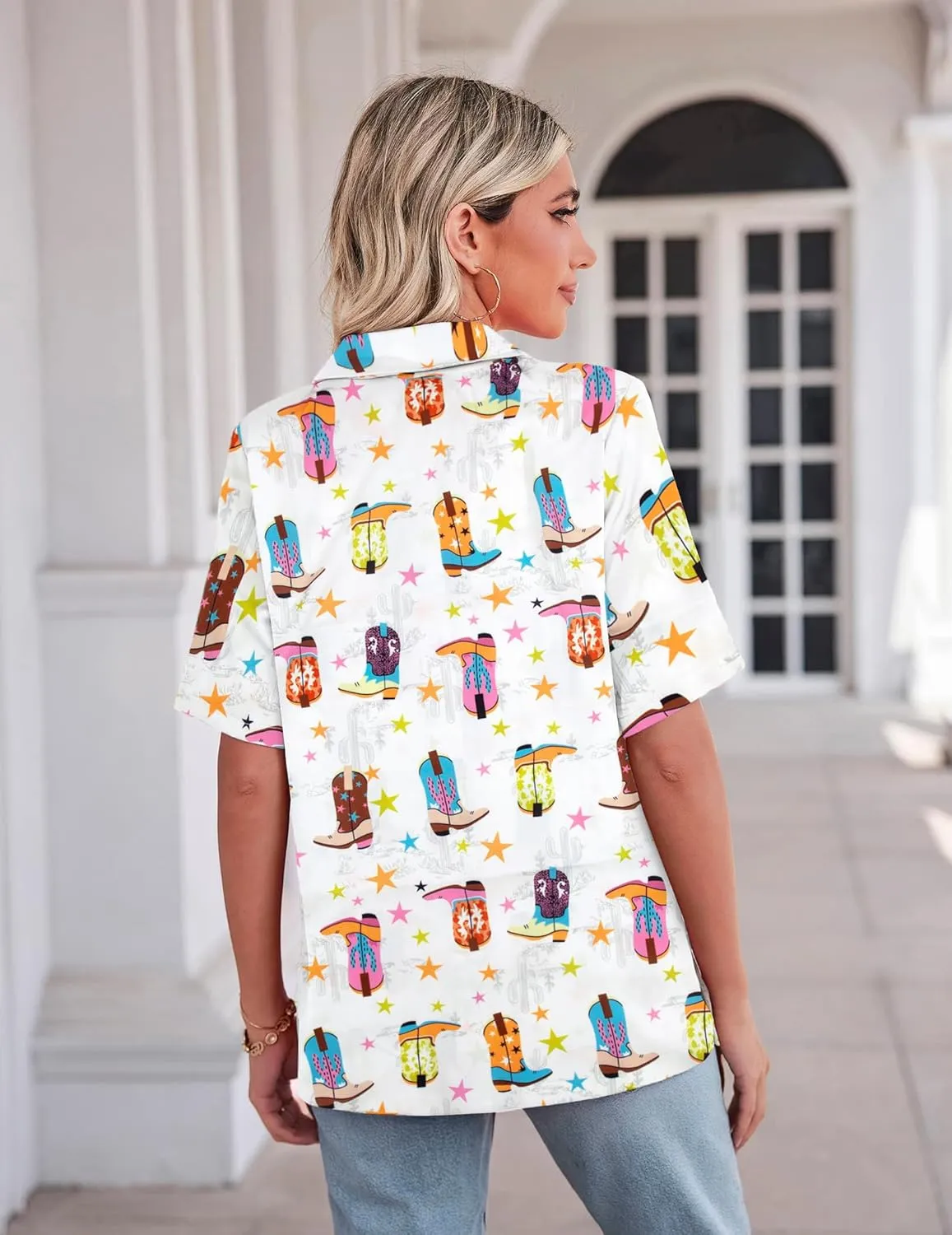 QLIPIN Western Button Up Shirts Women: Retro Cowgirl Shirt Rodeo Tops Hawaiian Summer Vacation Short Sleeve Top Blouses