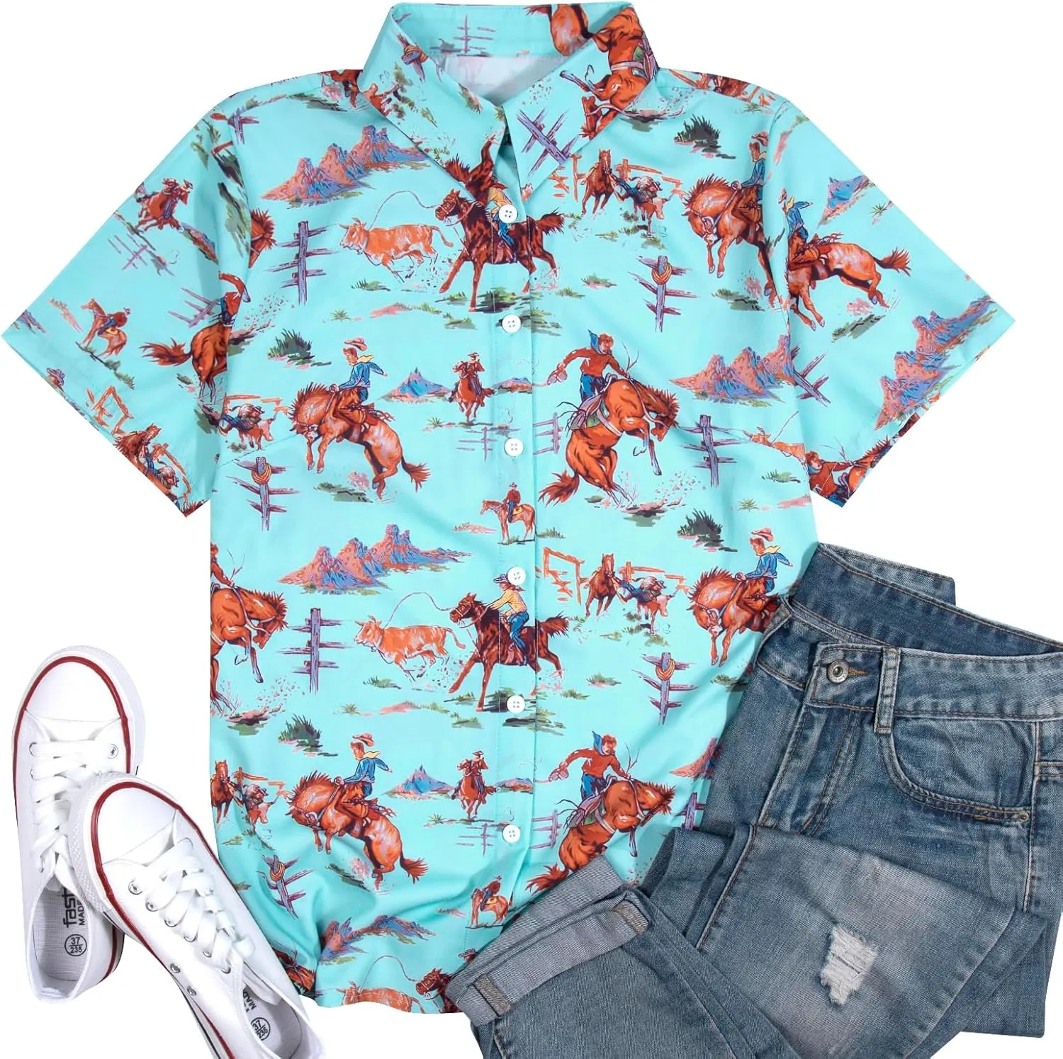 QLIPIN Western Button Up Shirts Women: Retro Cowgirl Shirt Rodeo Tops Hawaiian Summer Vacation Short Sleeve Top Blouses