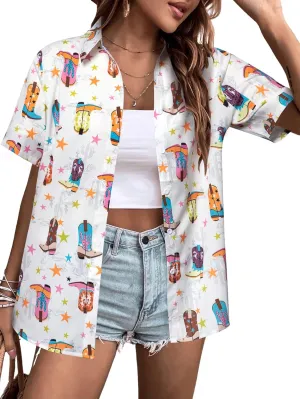 QLIPIN Western Button Up Shirts Women: Retro Cowgirl Shirt Rodeo Tops Hawaiian Summer Vacation Short Sleeve Top Blouses