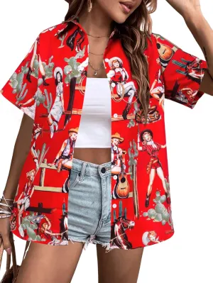 QLIPIN Western Button Up Shirts Women: Retro Cowgirl Shirt Rodeo Tops Hawaiian Summer Vacation Short Sleeve Top Blouses