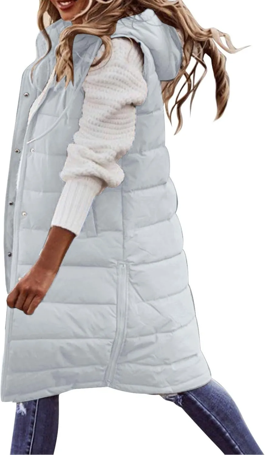 Quilted Jackets for Women Long Down Jacket Vest Fleece Jacket Long Warm Winter Coat Outerwear Zip Up Hoodie Pockets