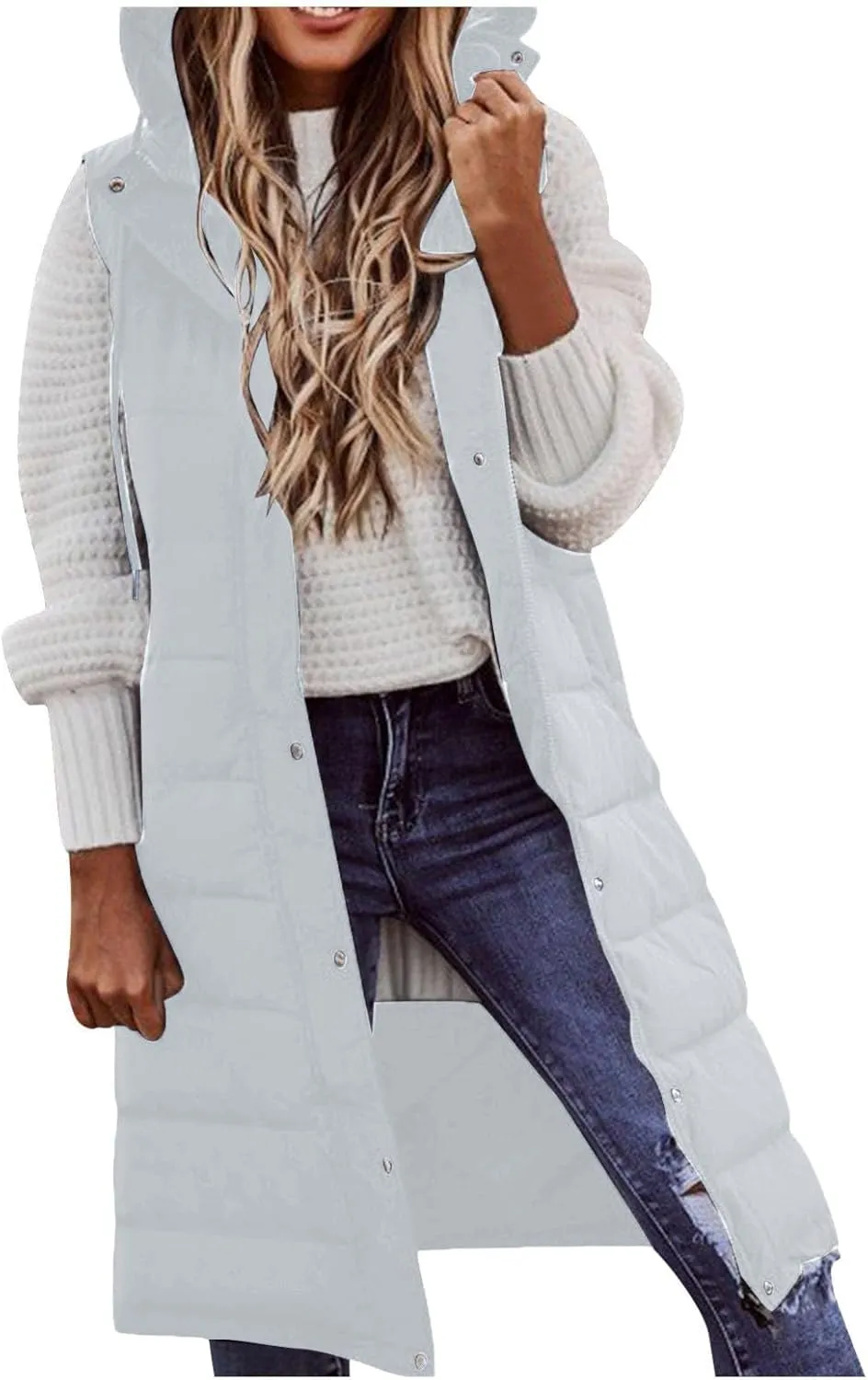 Quilted Jackets for Women Long Down Jacket Vest Fleece Jacket Long Warm Winter Coat Outerwear Zip Up Hoodie Pockets