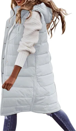 Quilted Jackets for Women Long Down Jacket Vest Fleece Jacket Long Warm Winter Coat Outerwear Zip Up Hoodie Pockets