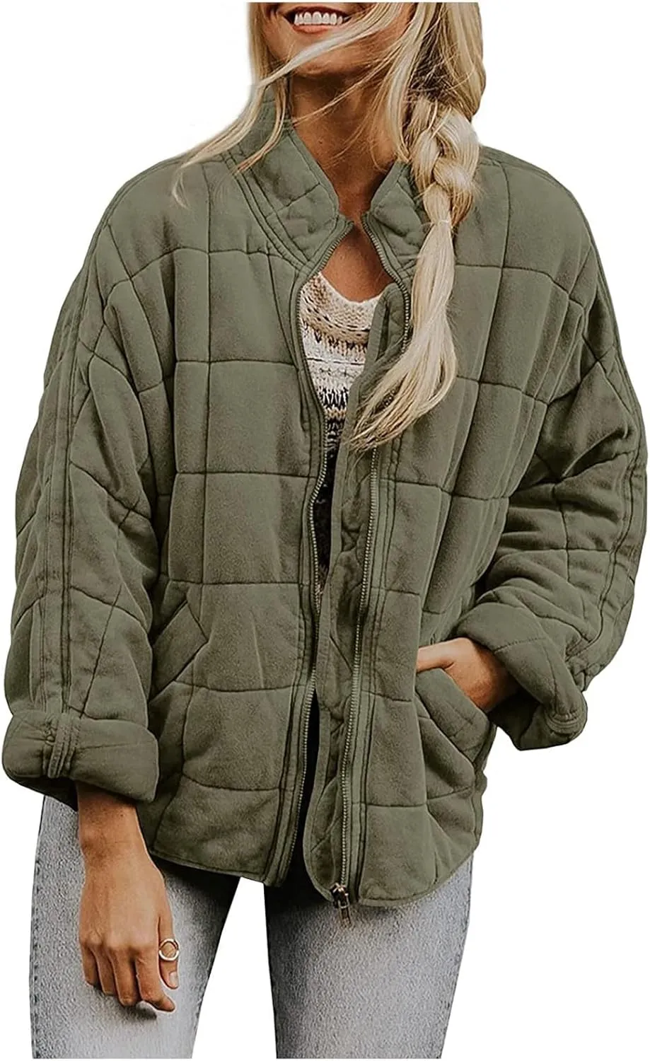 Quilted Jackets for Women, Long Sleeve Zip Puffer Jackets Loose Casual Jacket Coat Winter Warm Outwear with Pockets