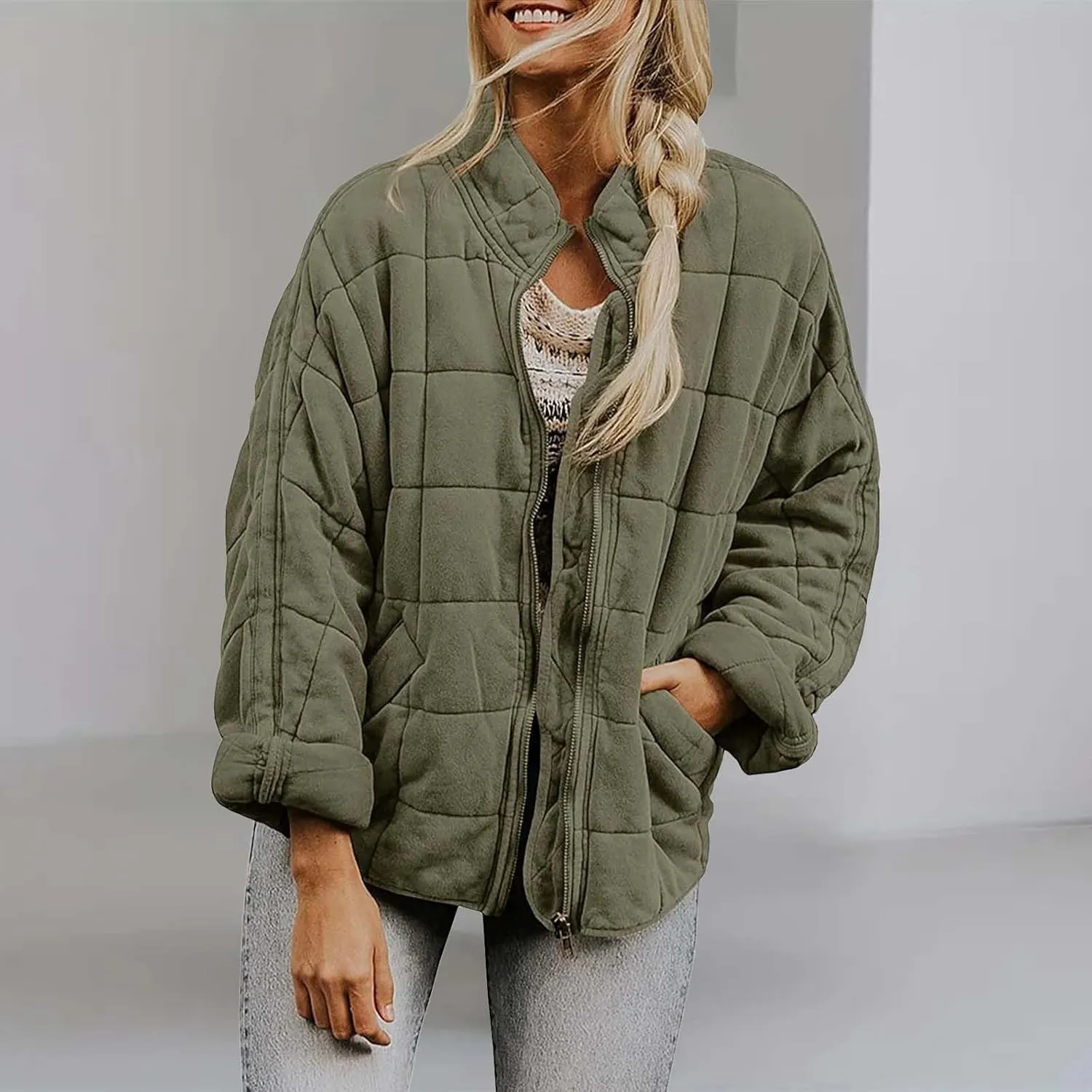 Quilted Jackets for Women, Long Sleeve Zip Puffer Jackets Loose Casual Jacket Coat Winter Warm Outwear with Pockets
