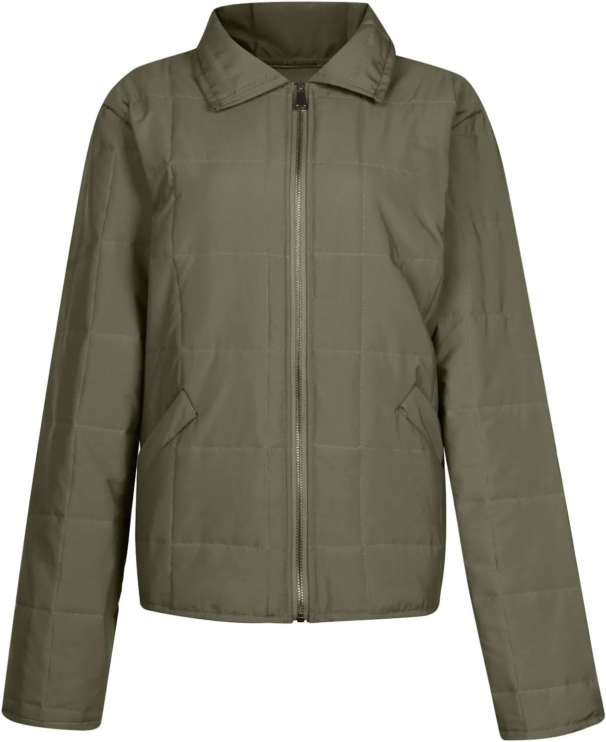 Quilted Jackets for Women, Long Sleeve Zip Puffer Jackets Loose Casual Jacket Coat Winter Warm Outwear with Pockets