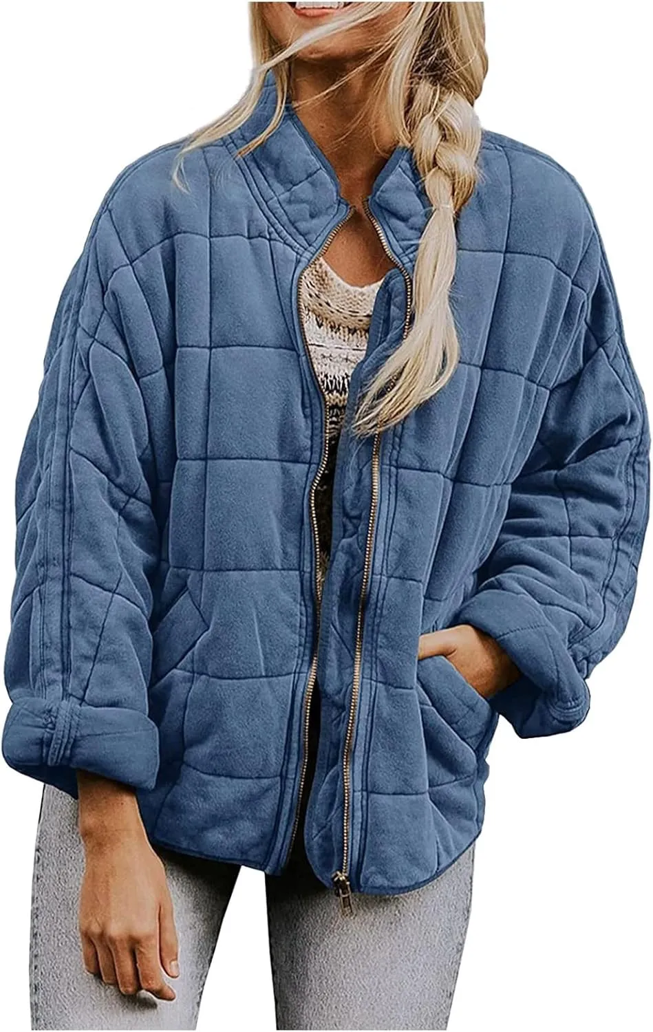 Quilted Jackets for Women Winter Casual Zip Up Stand Collar Puffer Jacket Long Sleeve Warm Padded Coats with Pockets