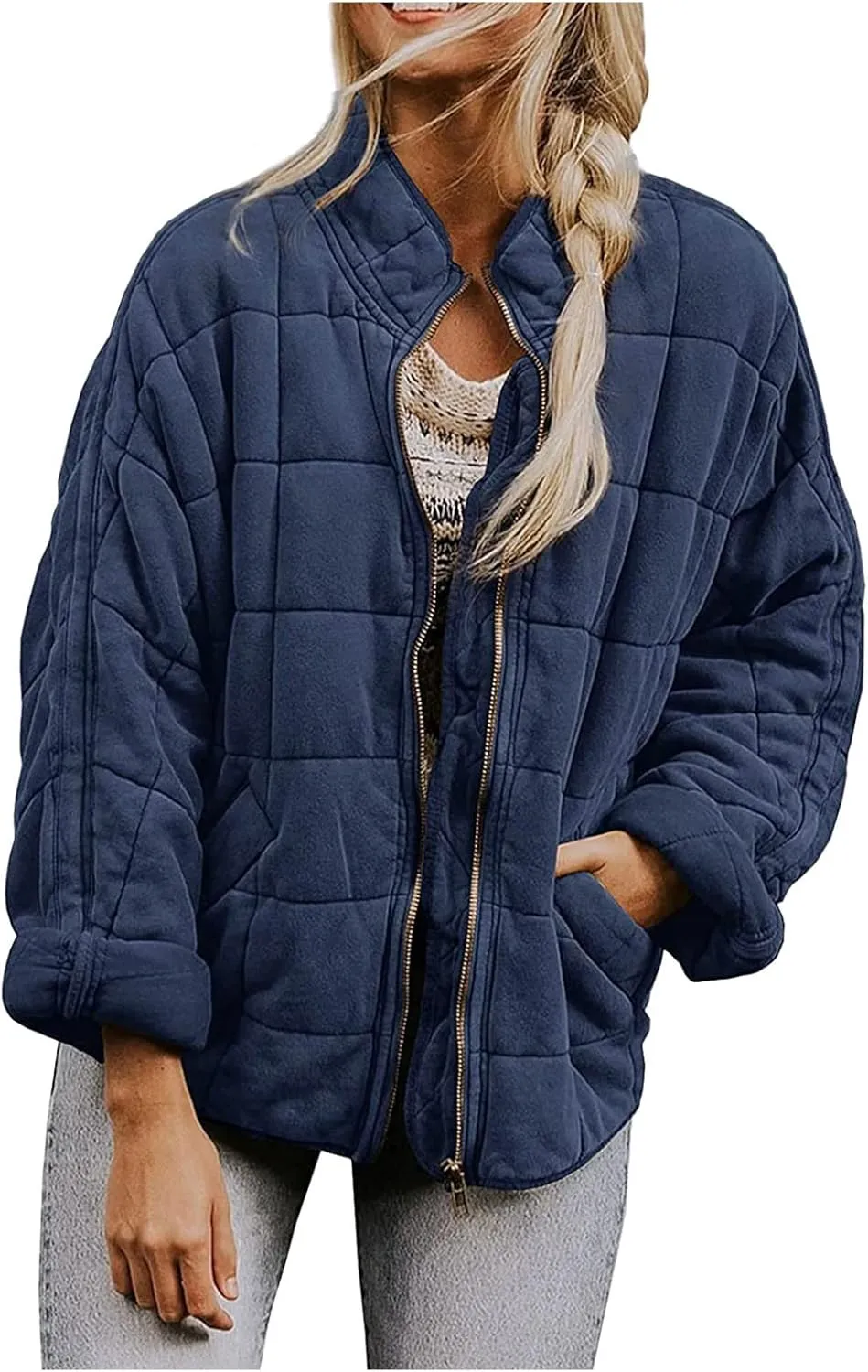 Quilted Jackets for Women Winter Casual Zip Up Stand Collar Puffer Jacket Long Sleeve Warm Padded Coats with Pockets
