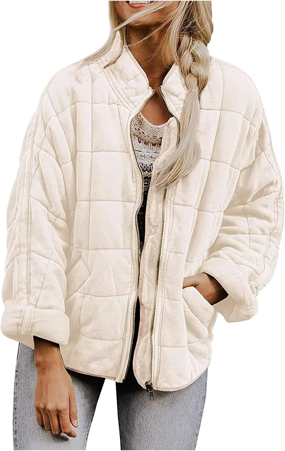 Quilted Jackets for Women Winter Casual Zip Up Stand Collar Puffer Jacket Long Sleeve Warm Padded Coats with Pockets