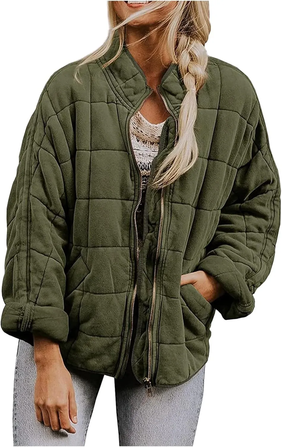 Quilted Jackets for Women Winter Casual Zip Up Stand Collar Puffer Jacket Long Sleeve Warm Padded Coats with Pockets