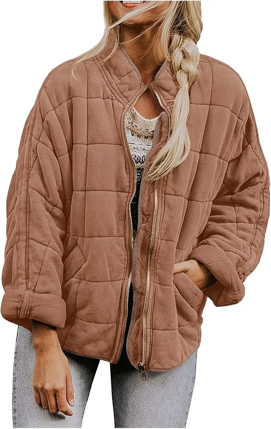 Quilted Jackets for Women Winter Casual Zip Up Stand Collar Puffer Jacket Long Sleeve Warm Padded Coats with Pockets