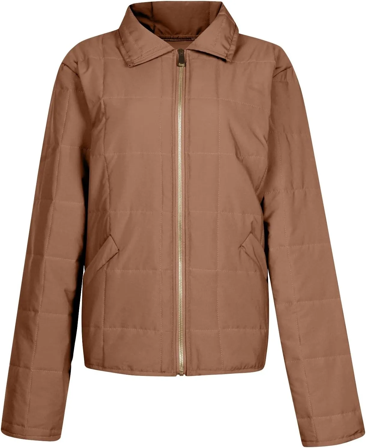 Quilted Jackets for Women Winter Casual Zip Up Stand Collar Puffer Jacket Long Sleeve Warm Padded Coats with Pockets