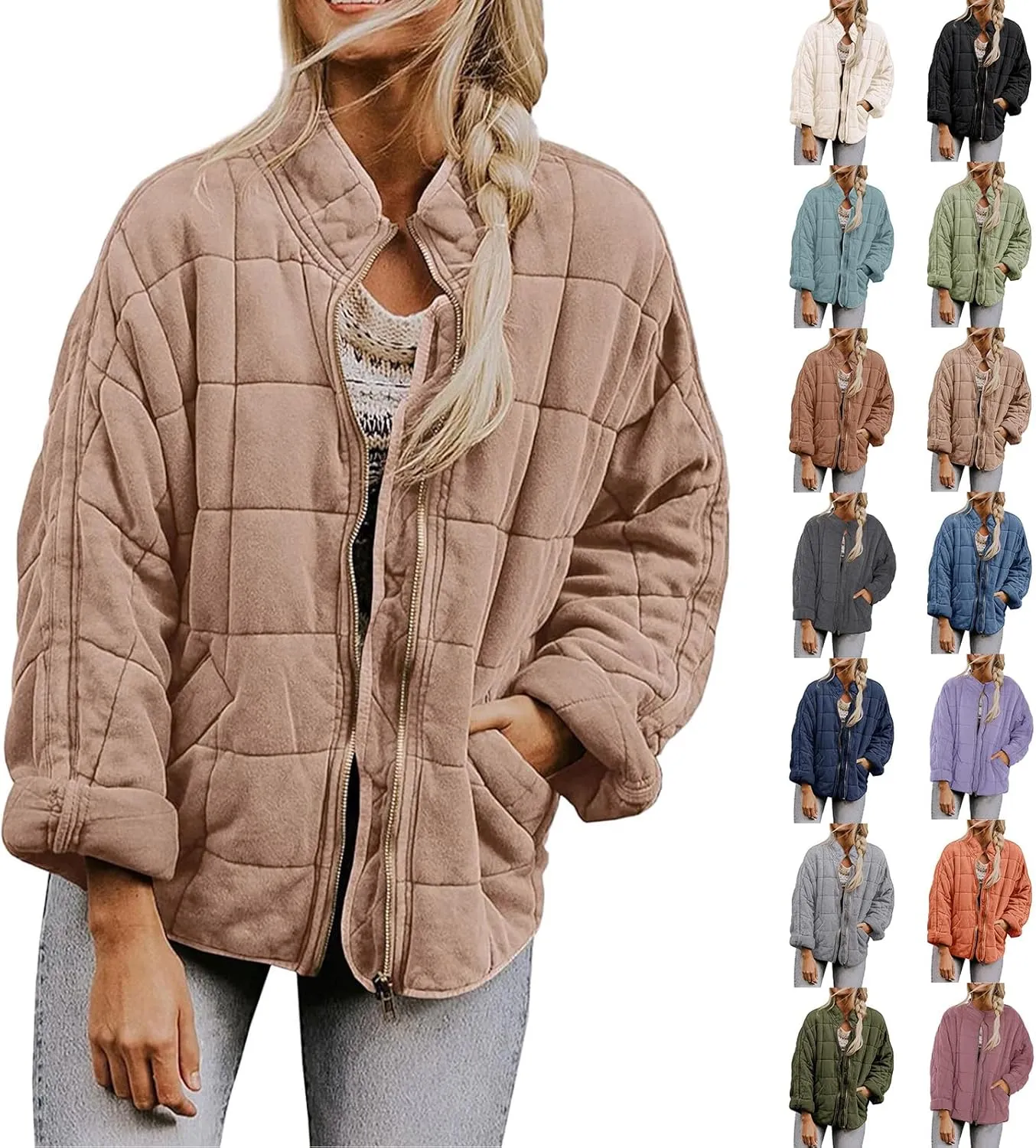 Quilted Jackets for Women Winter Casual Zip Up Stand Collar Puffer Jacket Long Sleeve Warm Padded Coats with Pockets