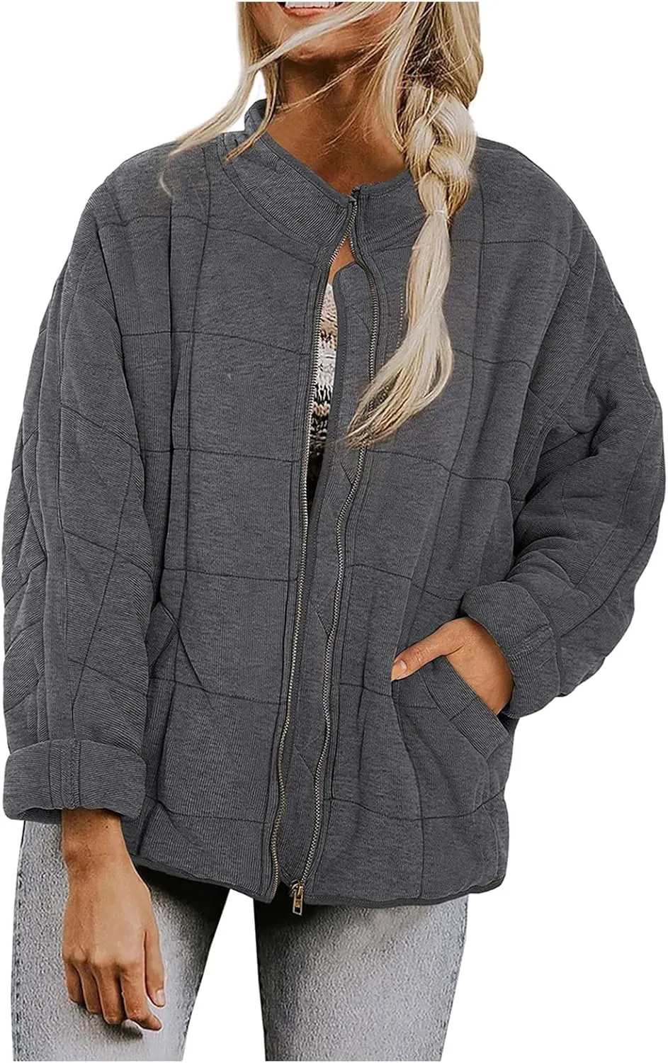 Quilted Jackets for Women Winter Casual Zip Up Stand Collar Puffer Jacket Long Sleeve Warm Padded Coats with Pockets