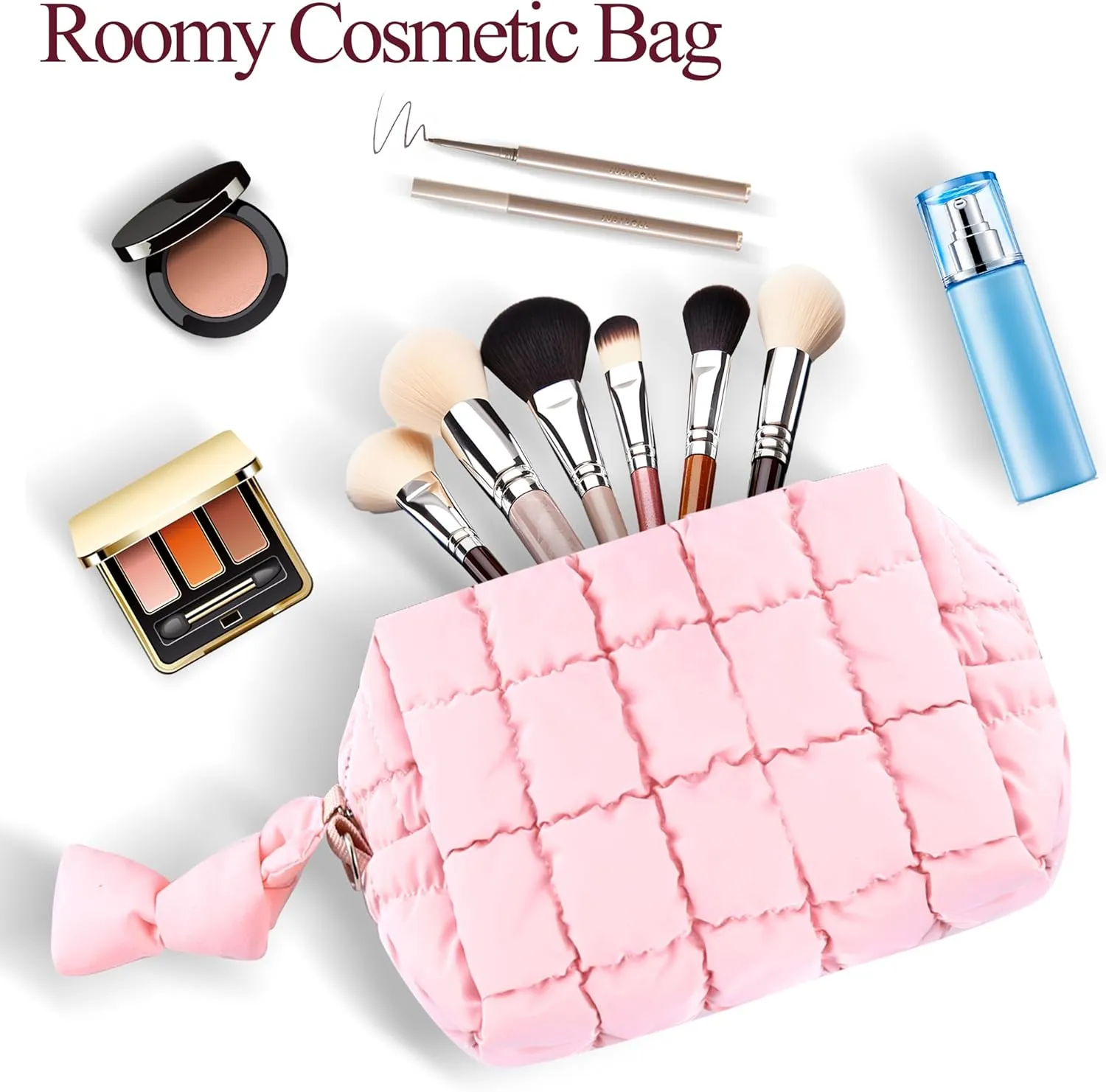 Quilted Makeup Bag for Women Girls Large Pink Cosmetic Bag Cute Puffer Aesthetic Zipper Makeup Pouch for Purse Portable Waterproof Travel Toiletry Bag Makeup Brushes Skincare Bag Organizer
