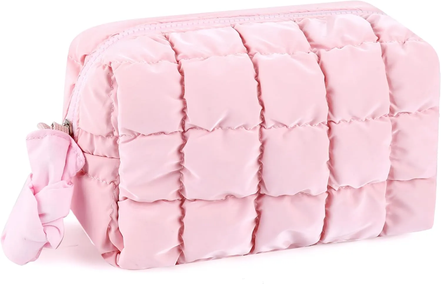 Quilted Makeup Bag for Women Girls Large Pink Cosmetic Bag Cute Puffer Aesthetic Zipper Makeup Pouch for Purse Portable Waterproof Travel Toiletry Bag Makeup Brushes Skincare Bag Organizer