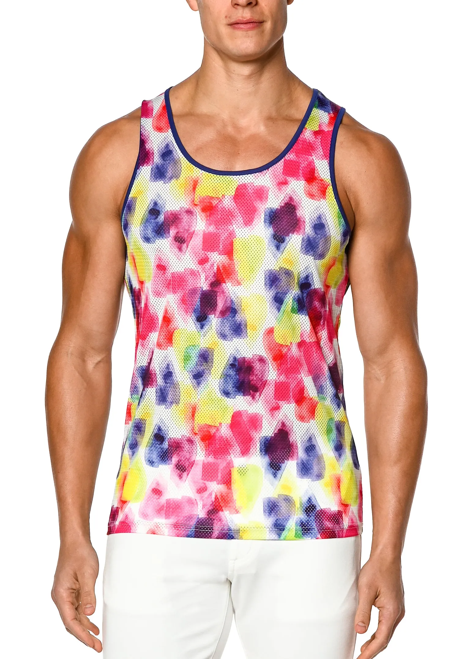 RAINBOW PAPER HEARTS PRINTED MESH TANK TOP W/BACK STRIPE ST-11062