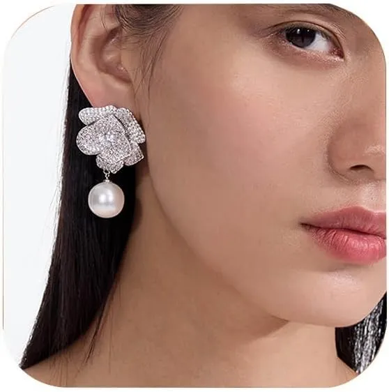 Rhinestone Pearl Earrings for Women Dangling Prom Dainty Hypoallergeni Statement Drop Earrings Wedding Jewelry for Brides