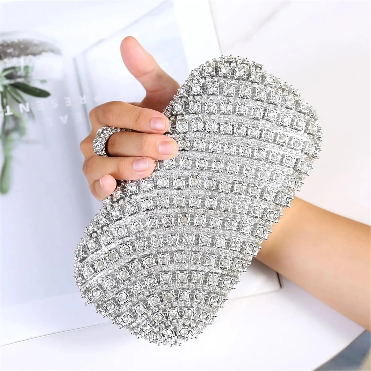 Rhinestone Purse Rhinestone Covering Surface Exquisite Ladies Party Clutch Bag Silver Color Circular Ring Evening Bags
