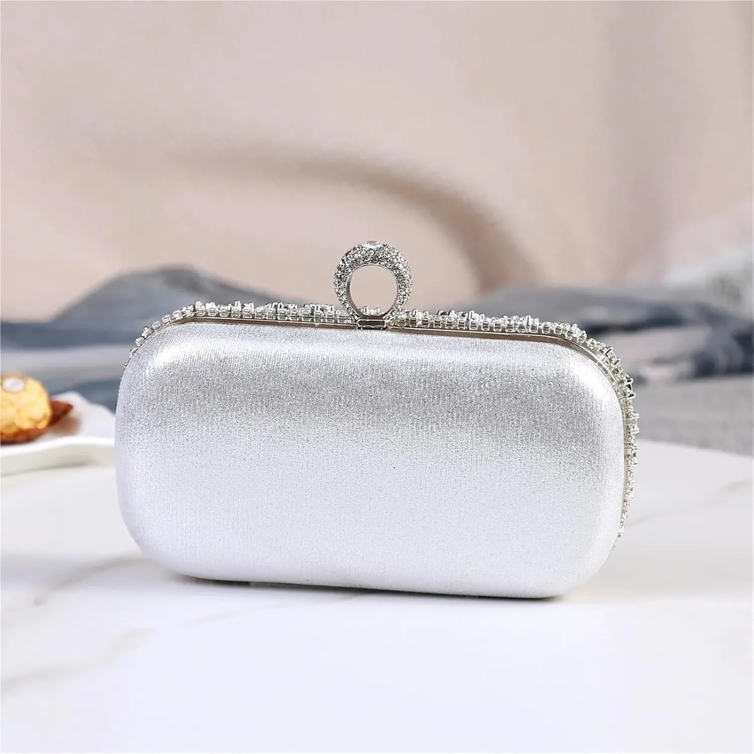 Rhinestone Purse Rhinestone Covering Surface Exquisite Ladies Party Clutch Bag Silver Color Circular Ring Evening Bags