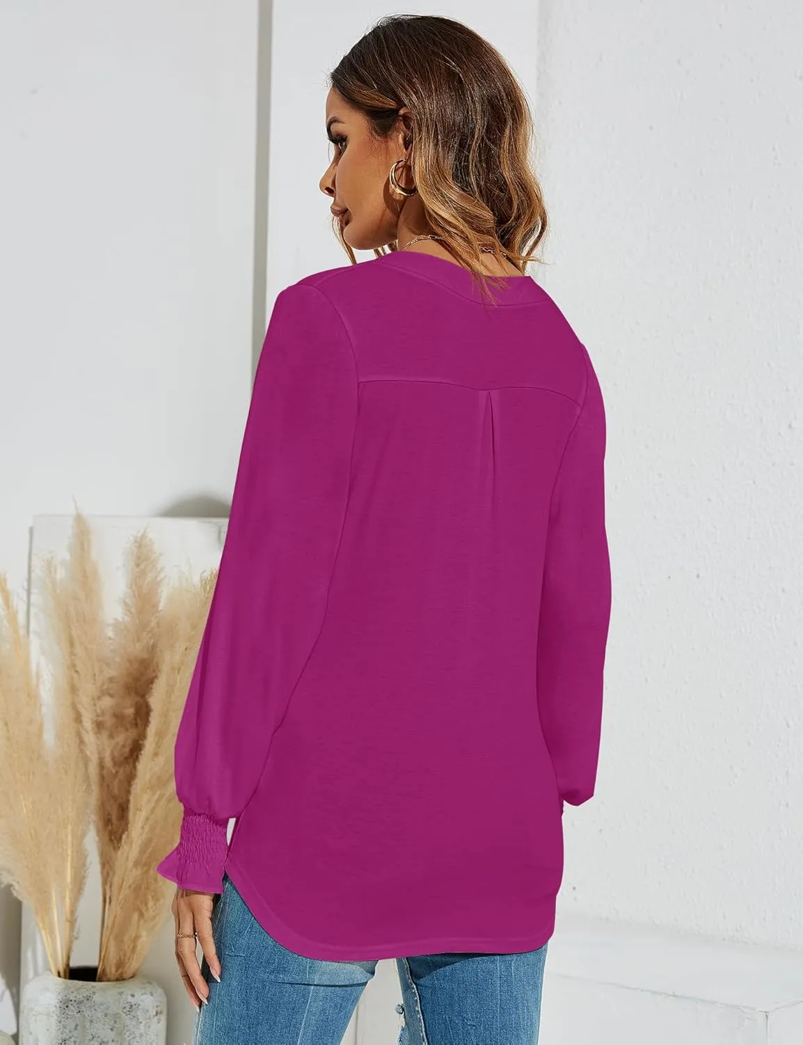 Romanstii Women's Casual V-Neck T-Shirts Loose Puff Long Sleeve Tops Tunic Blouses