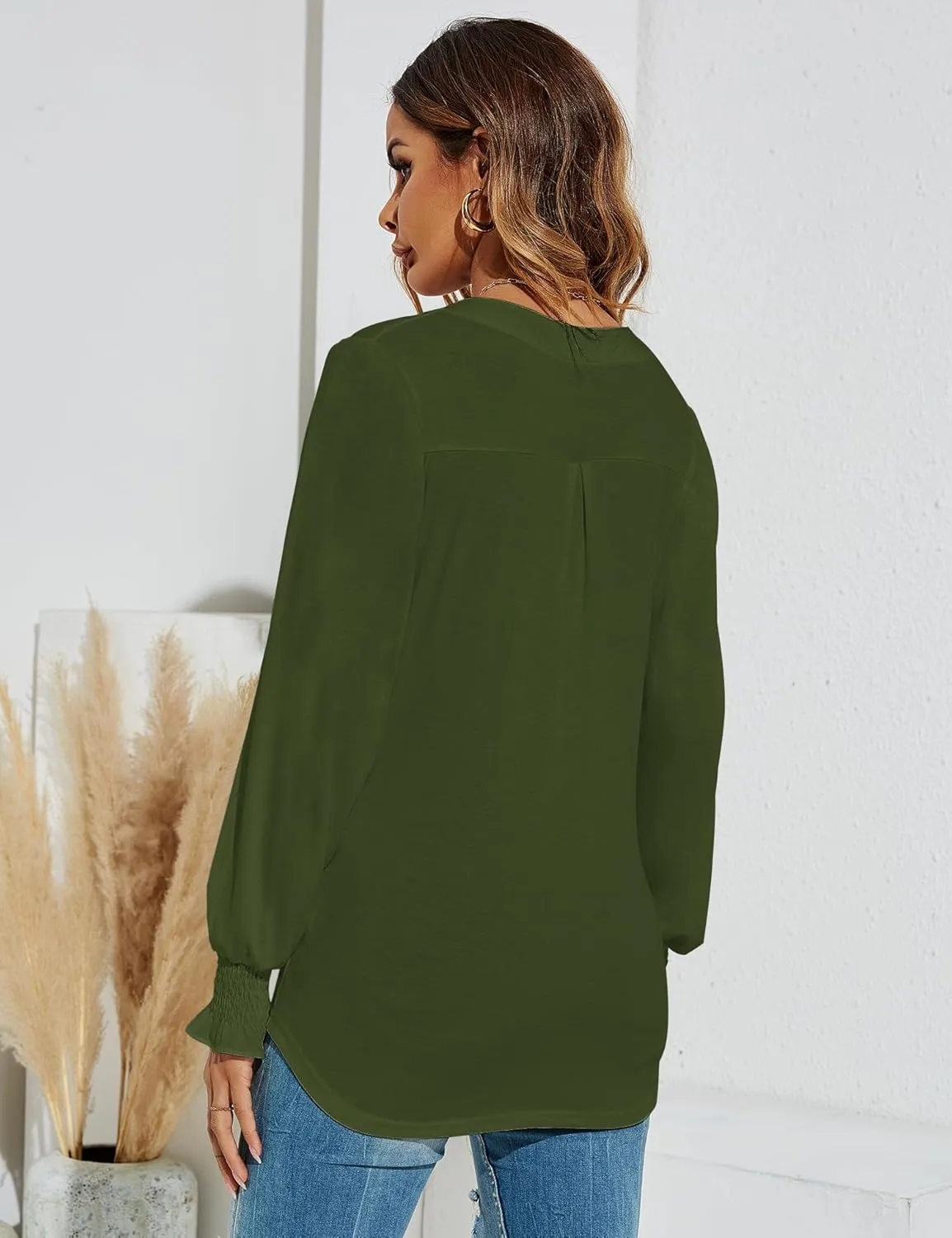 Romanstii Women's Casual V-Neck T-Shirts Loose Puff Long Sleeve Tops Tunic Blouses